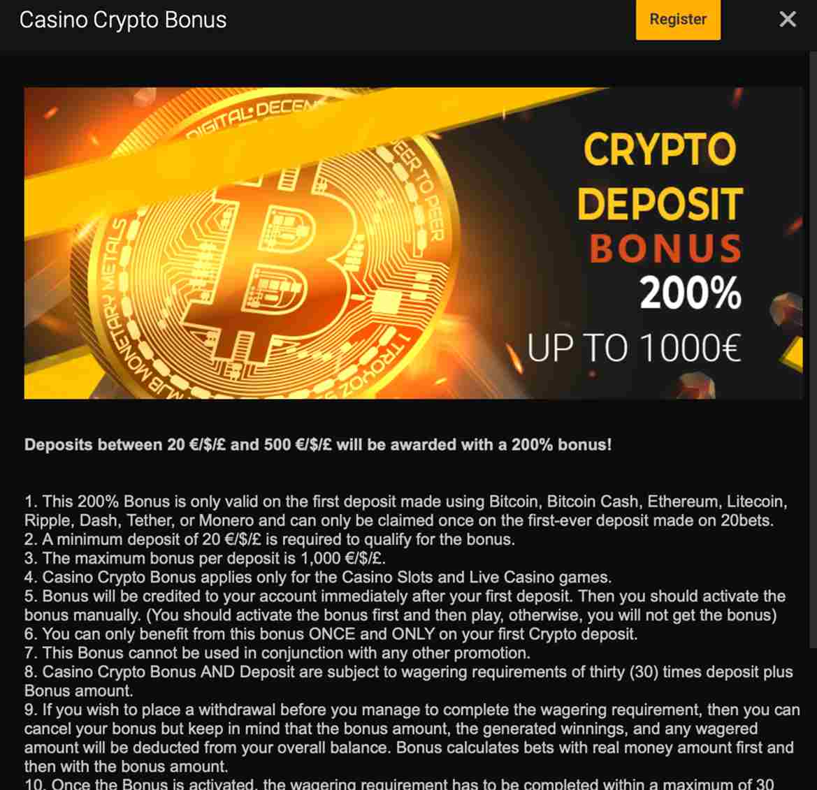 20bets kaszinó crypto bónusz
