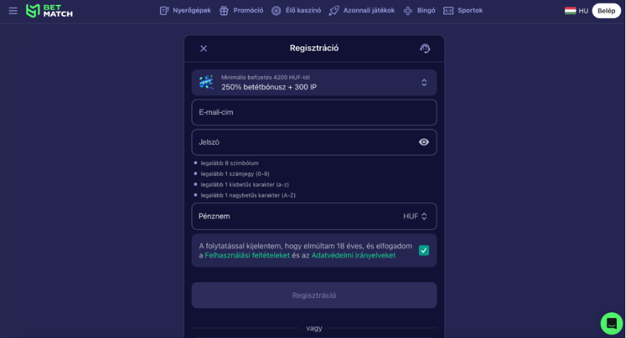 Betmatch kaszinó regisztráció