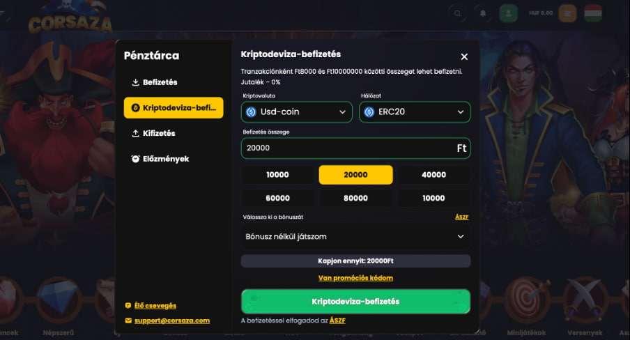 Corsaza casino Kriptovalutás fizetések